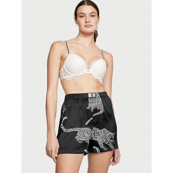 Victoria's Secret Satin Shine Patch Black Leopard Bling Shorts Boxer Pajama SM - Picture 1 of 10
